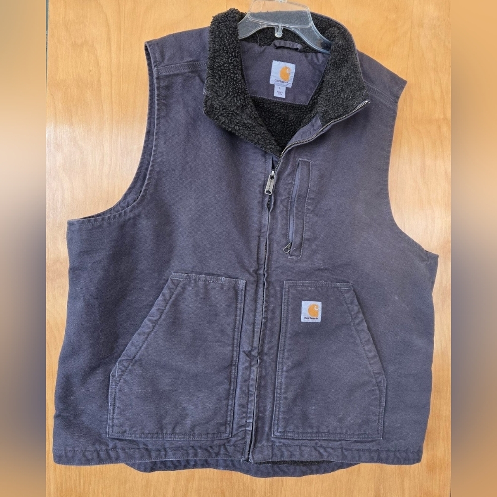 Men's L, Carhartt 104277 Mock-Neck Sherpa-Lined Washed Duck Vest Jacket Gravel